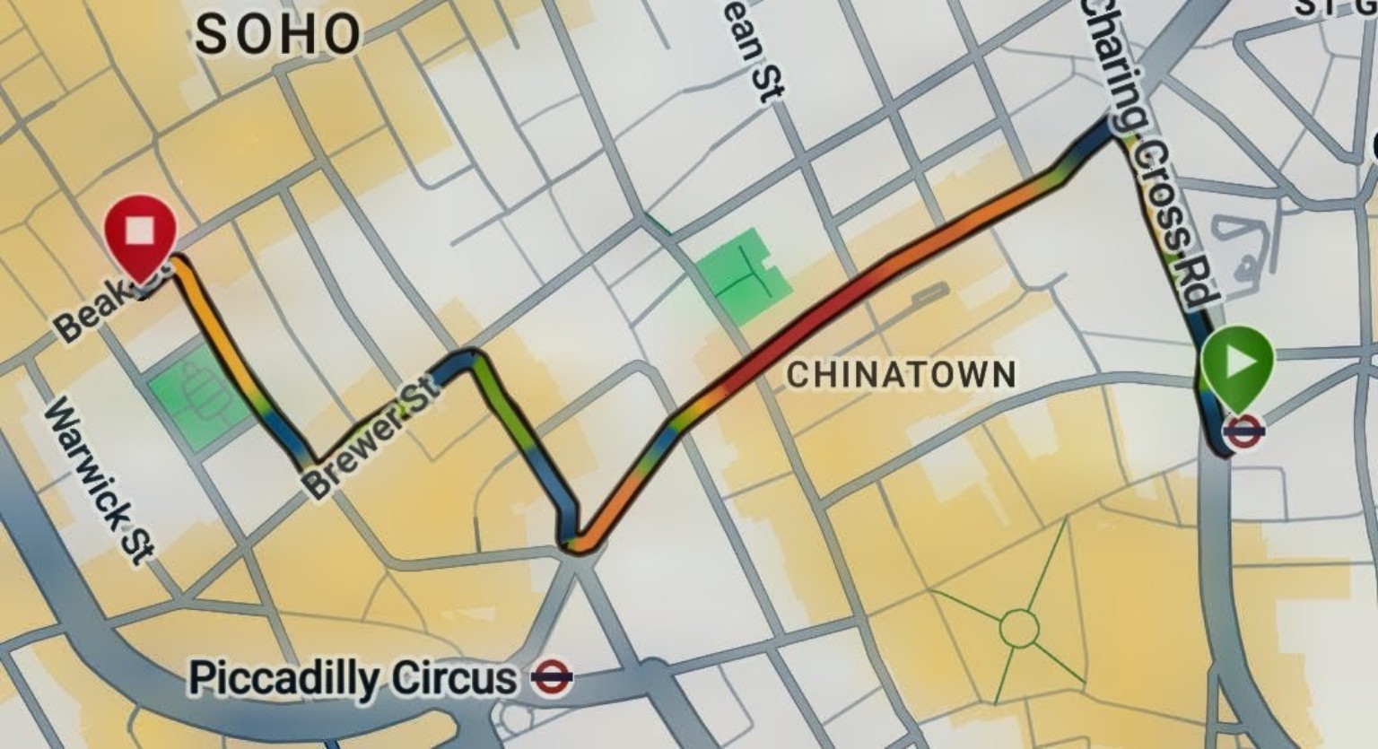 Garmin route from Leicester Square to Carnaby Street